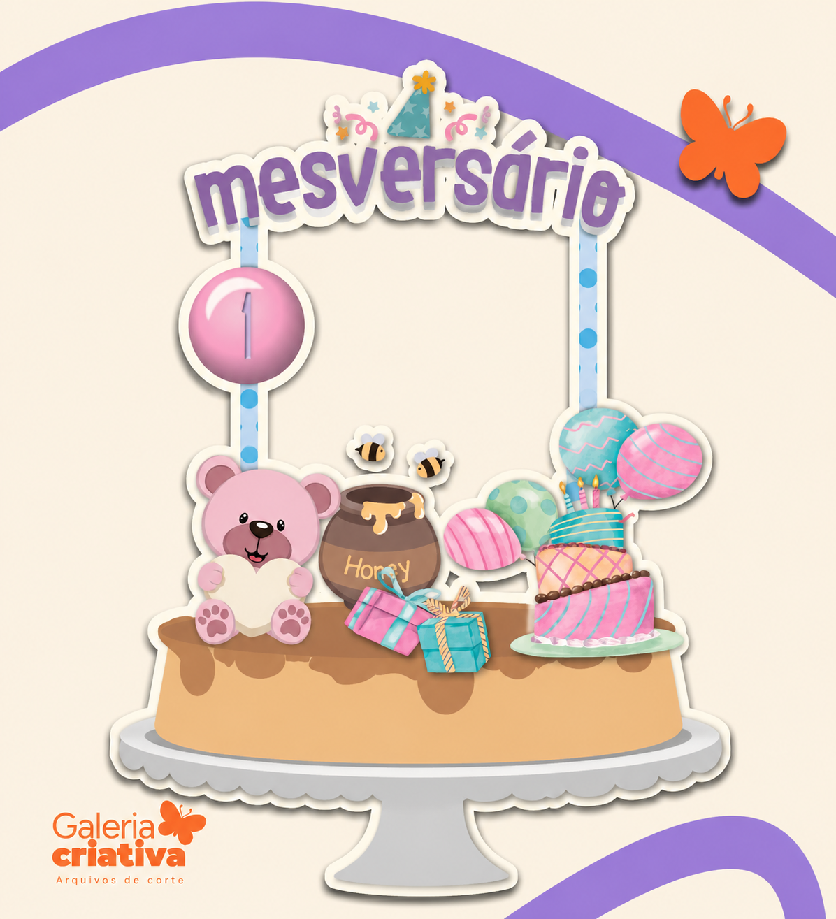 Mesversário Ursinho Rosa Arquivo Topo de Bolo Mesversário Ursinho Rosa - Imagem 1