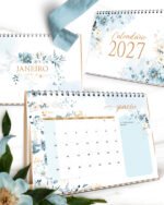 Arquivo Kit Calendários 2027 de Mesa A5 A6 e Calendário Marca Página Floral Azul - Imagem 3