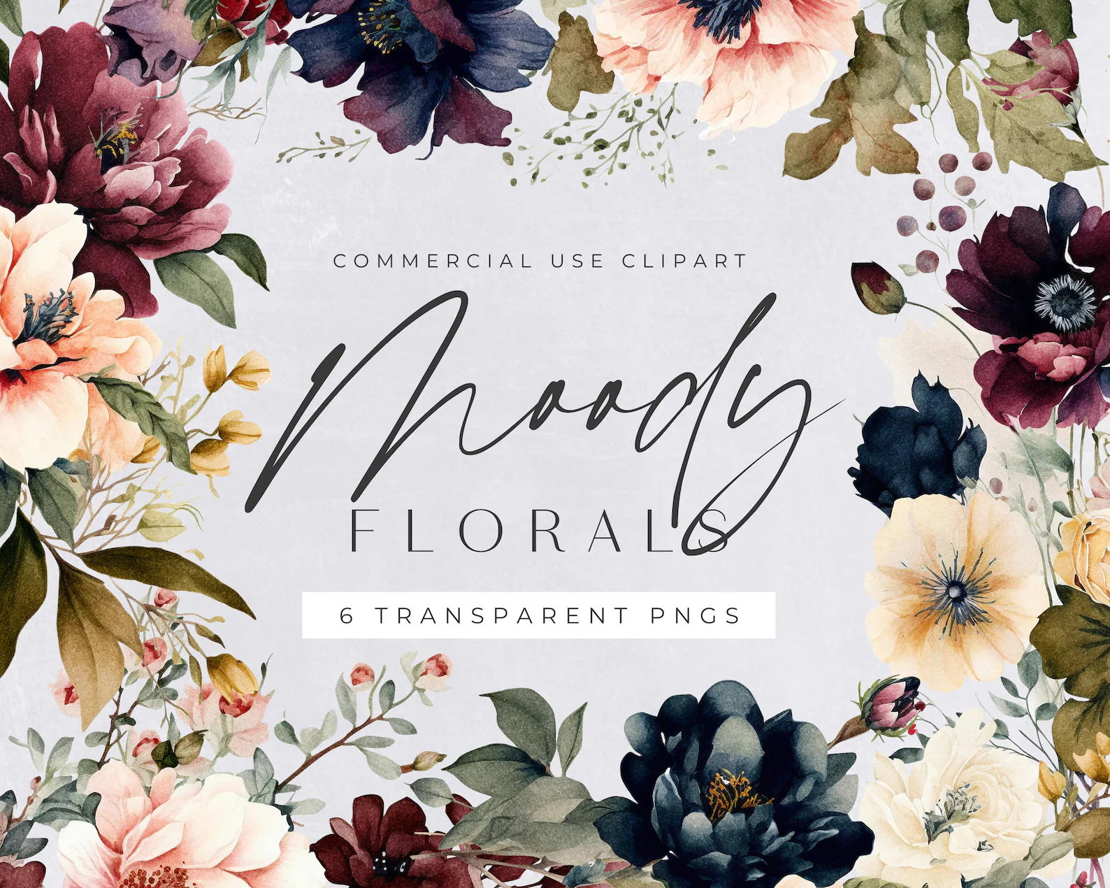 Moody Flower Clipart Pack, Clipart for commercial use, Navy, Blush Pink, Red Floral, Transparent PNGs, Wedding Botanical Florals, Dark.jpg Arquivo Kit Digital Elementos Floral Botânico - Imagem 1