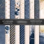 Kit Digital Papeis Azul Vinil Ouro