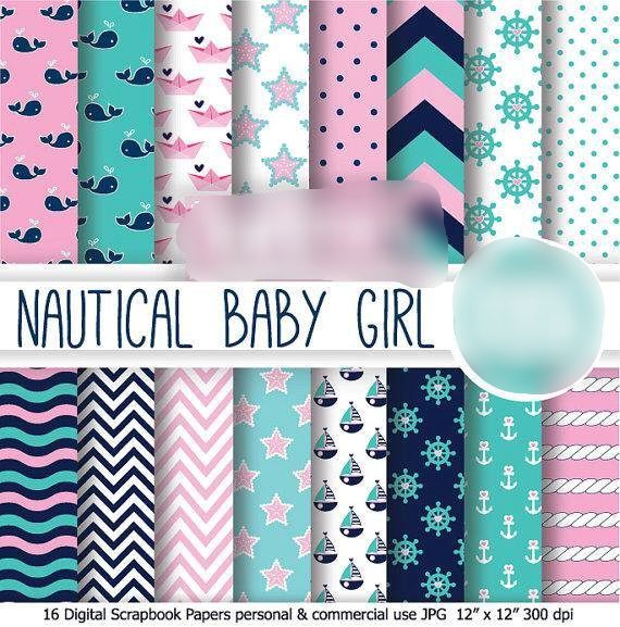 Nautical Baby Girl Kit Digital Papeis Marinha Basics - Imagem 1