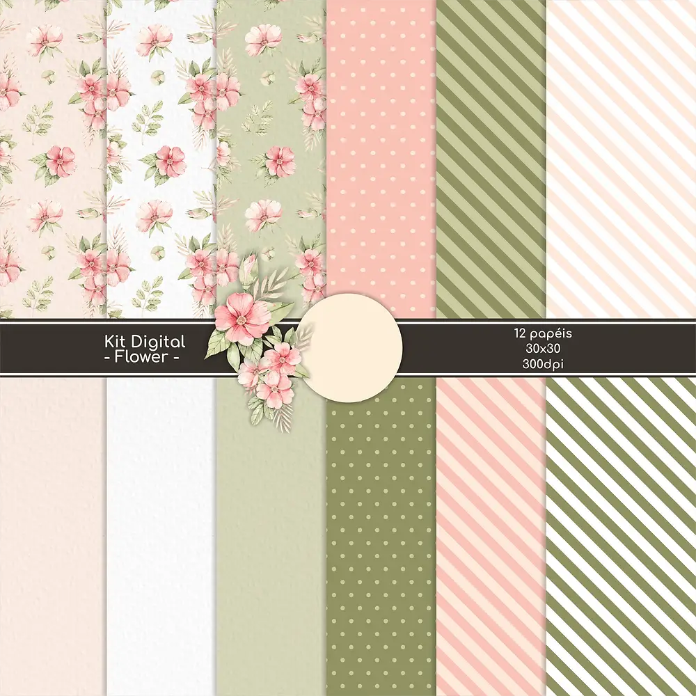 Papéis FLORAL - LISTRAS E BOLINHAS Kit Digital Papeis Floral Listras e Poar - Imagem 1