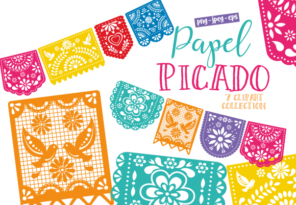 Papel Picado Clipart Set Kit Digital Papel Picados Bordado - Imagem 1