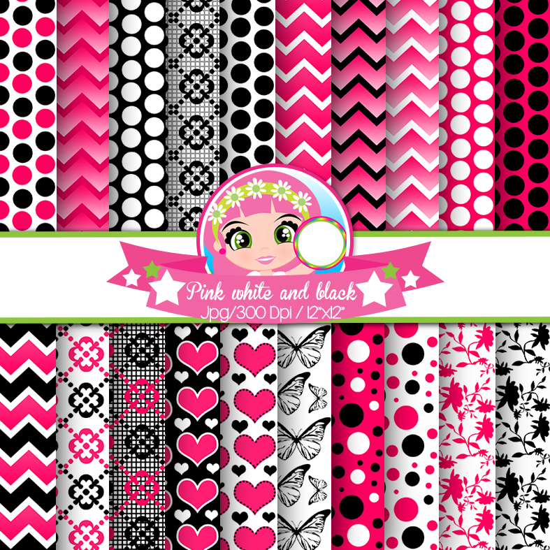 Paper Pink white and black1 Kit Digital Papel Rosa - Imagem 1