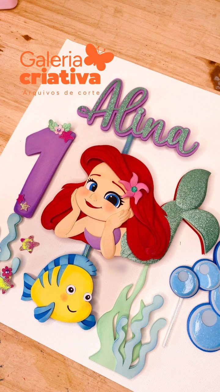 Pequena Sereia Ariel Cute 4 Arquivo Topo de Bolo Pequena Sereia Ariel Cute 4 - Imagem 1