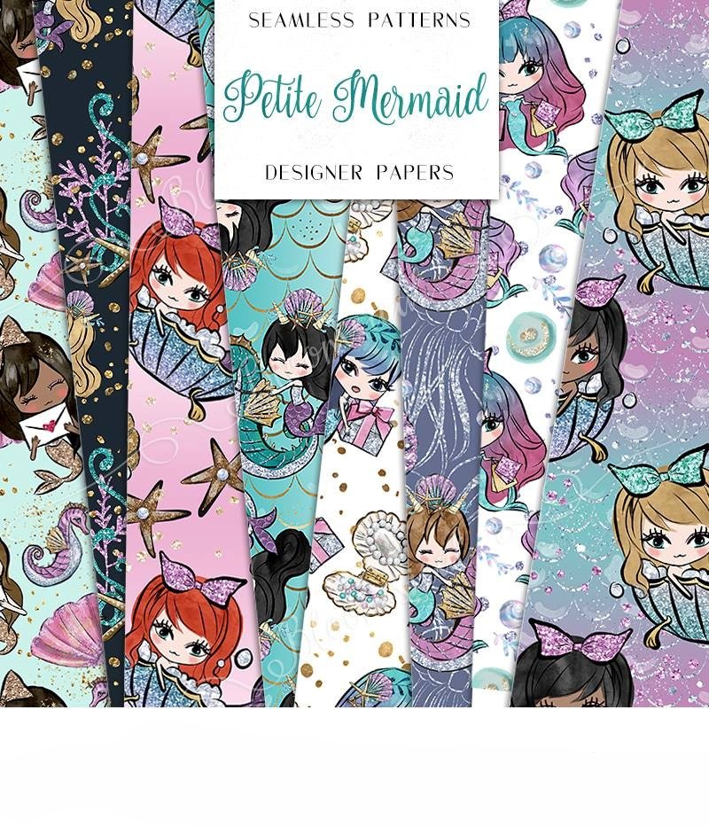 Petite Mermaid Papers Kit Digital Papeis Pequenas Sereias - Imagem 1