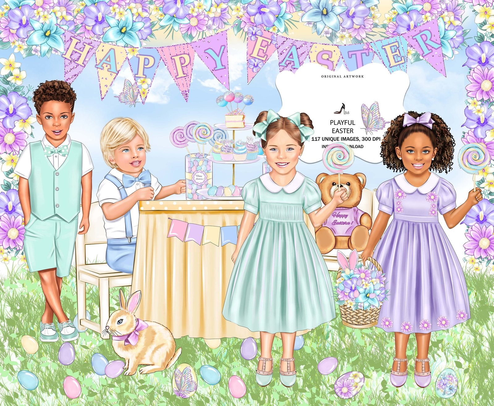 Playful Easter Clipart-1 Kit Digital Mamae e Bebê - Imagem 1