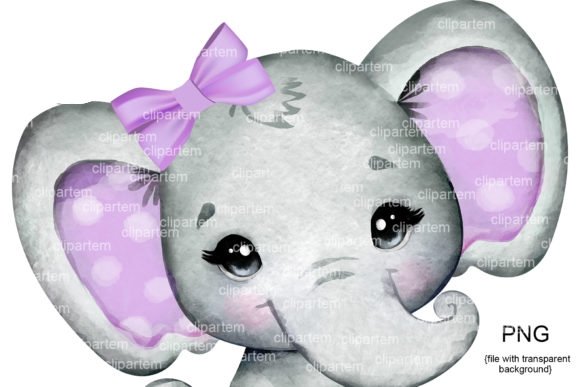 Purple Bow Elephant Baby Girl Kit Digital Bebê Elefante com Laço Roxo - Imagem 1