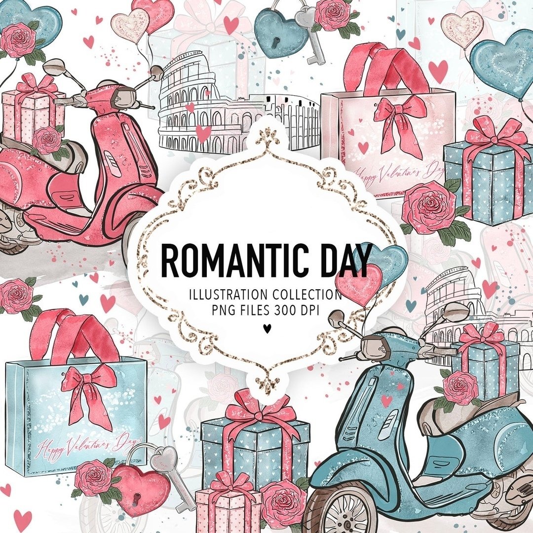 Romantic Day Clipart Kit Digital Papeis Dia dos Namorados Romantico - Imagem 1