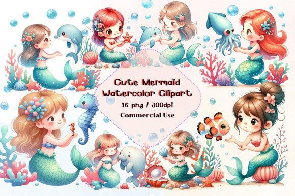 Sereia Aquarela Kit Digital Sereia Aquarela - Imagem 1