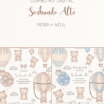 Arquivo Kit Digital Ursinho voando no Balão Azul e Rosa