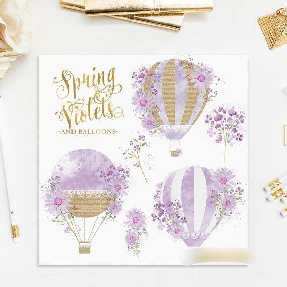 Spring Violets and Hot Air Balloons Kit Digital Violetas Primavera Balão de Ar Quente - Imagem 1