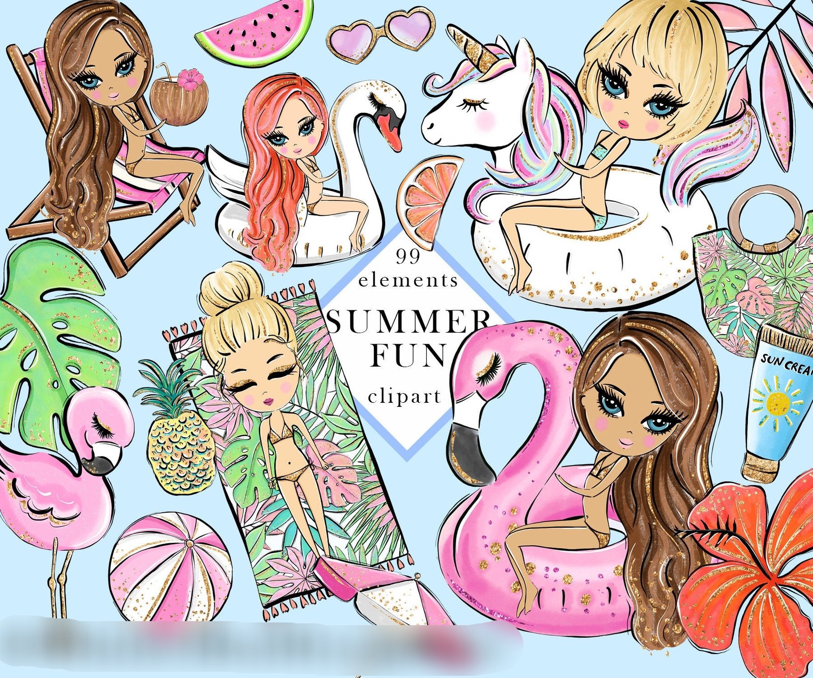 Summer Fun Clipart Arquivo Kit Digital Praia - Piscina - Imagem 1