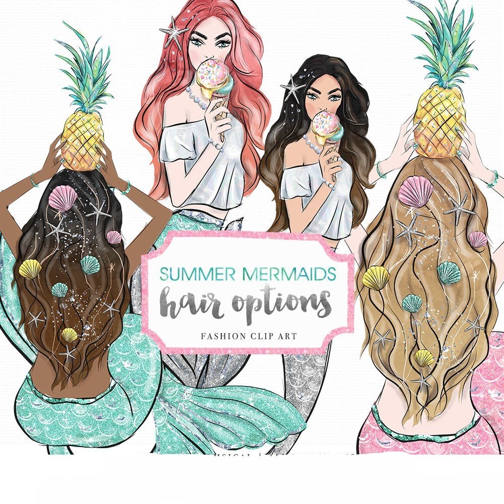 Summer Mermaids_Hair_Clipart Kit Digital Cabelo de Sereia de Verão - Imagem 1