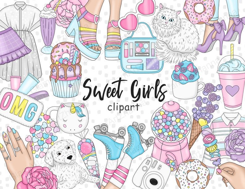 Sweet Girl Arquivo Kit Digital Noda e doces adoráveis e coloridos - Imagem 1