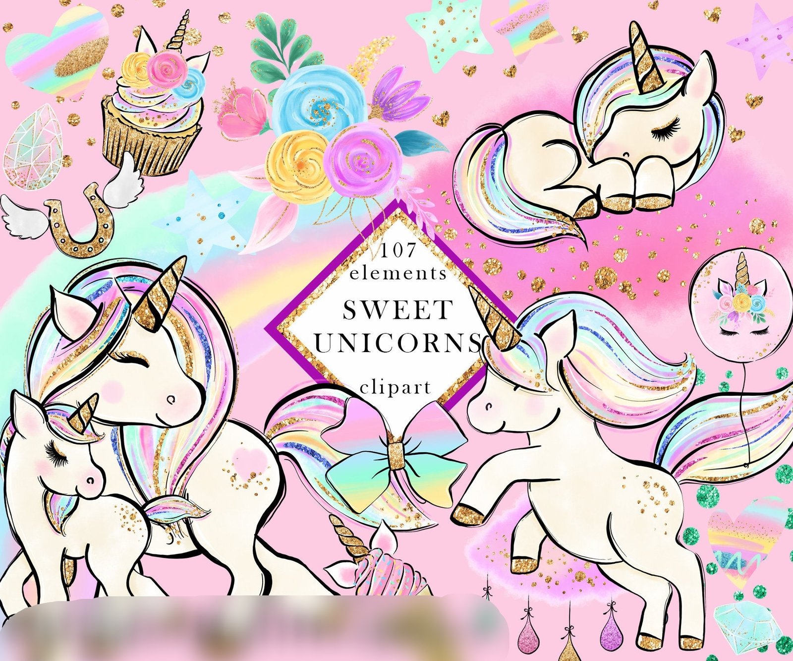 Sweet Unicorns Clipart Arquivo Kit Digital Unicórnios - Imagem 1