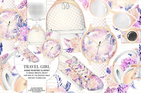 Travel Girl clipart Kit Digital Garota Viajante - Imagem 1