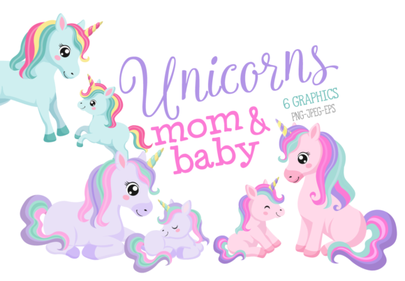 Unicorn Mom _ Baby Clipart Set Kit Digital Unicornio Baby - Imagem 1