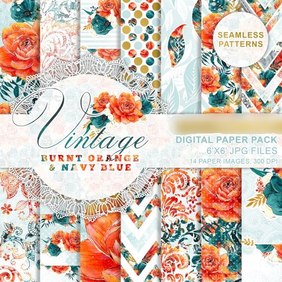 Vintage Burn Orange Kit Digital Papeis Rosas Laranja Queimado - Imagem 1