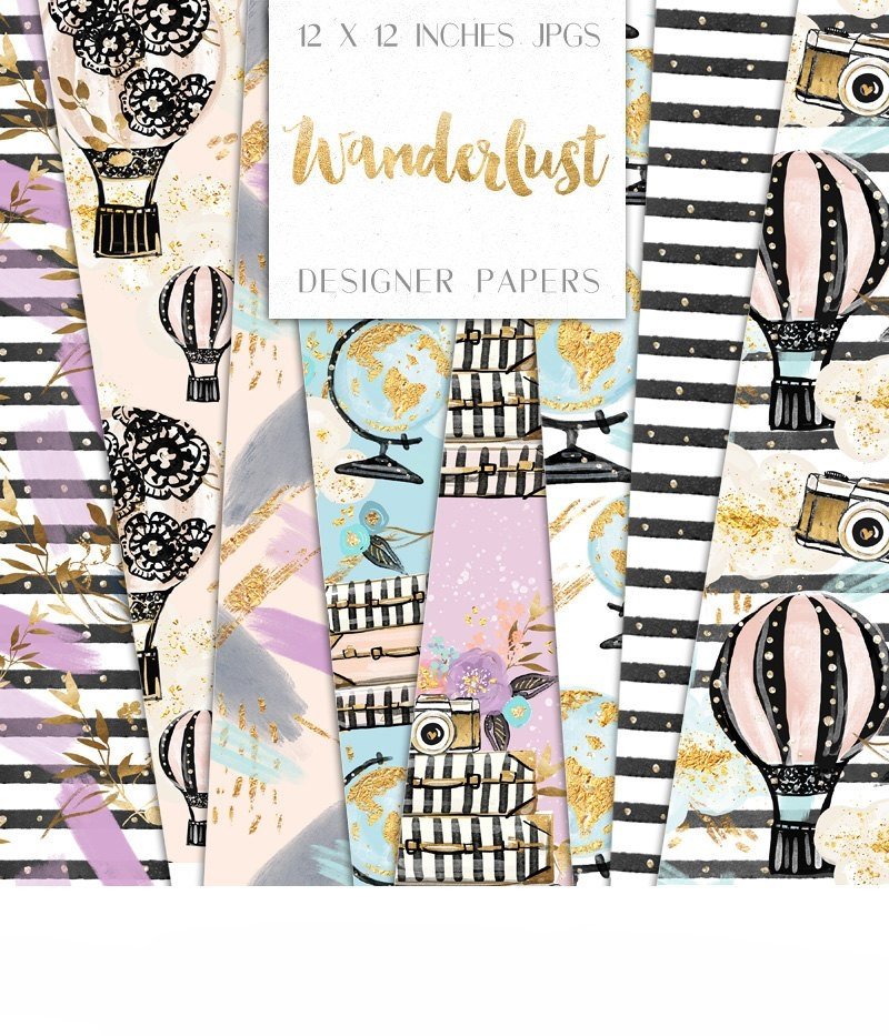 Wanderlust_Paper Kit Digital Papeis Desejo de Viajar - Imagem 1