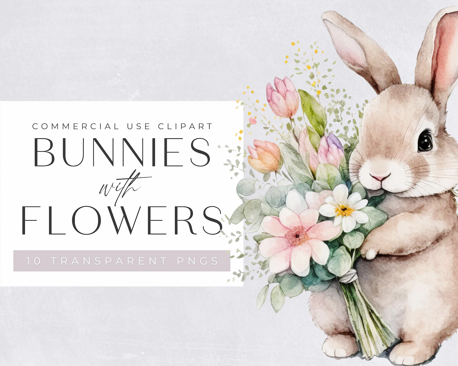 Watercolor Bunny with Flowers Clipart Pack, Clipart for commercial use, Transparent PNGs, Nursery Spring Clipart, Easter Bunny, Wall Art.jpg Arquivo Kit Digital Animais da Floresta Bebê Aquarela 2 - Imagem 1