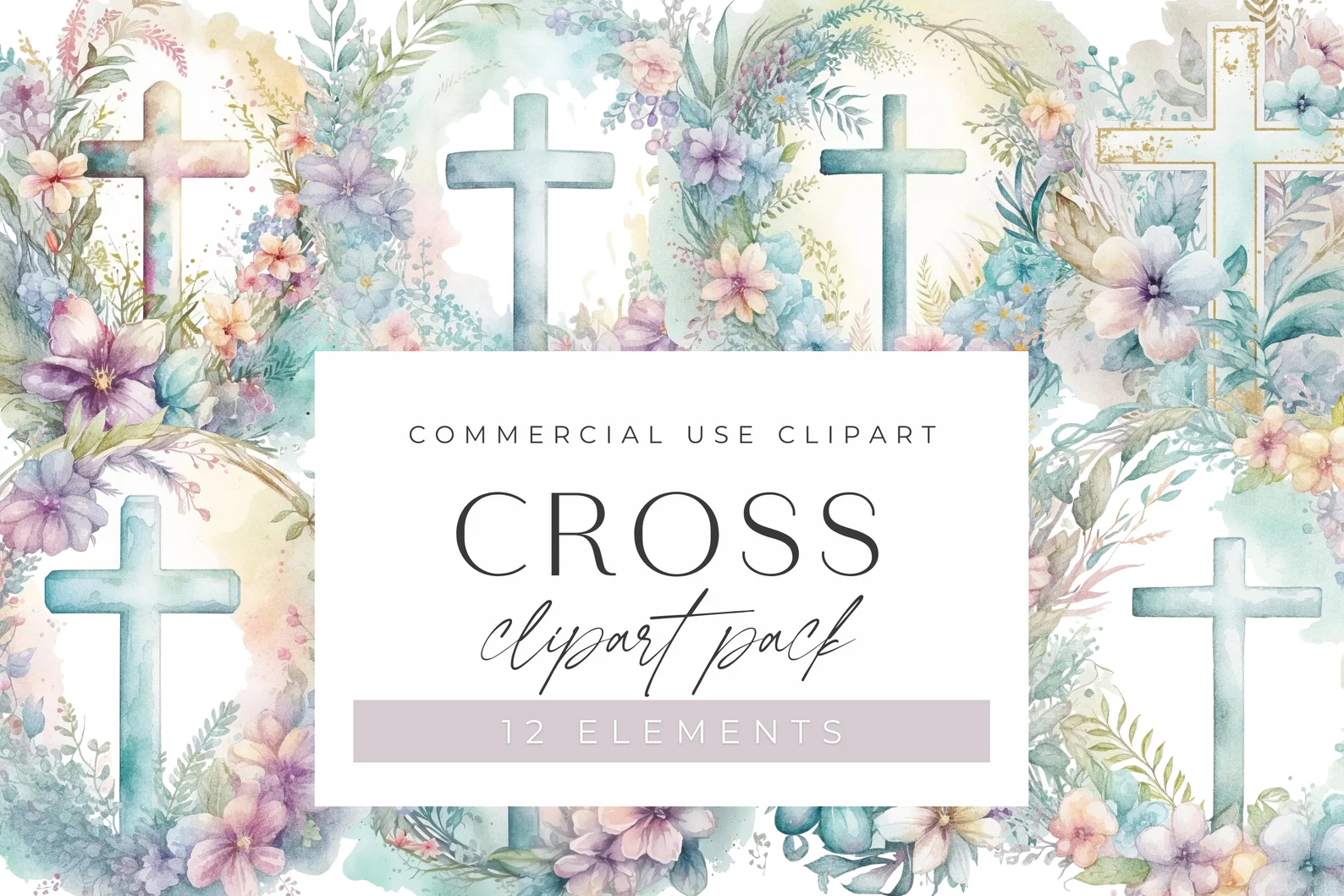 Watercolor Christian Cross Clipart Pack, Clipart for commercial use, Transparent PNGs, He is Risen, Religious, Flowers, Church, Easter.jpg Arquivo Kit Digital Gatinhos em Aquarela - Imagem 1