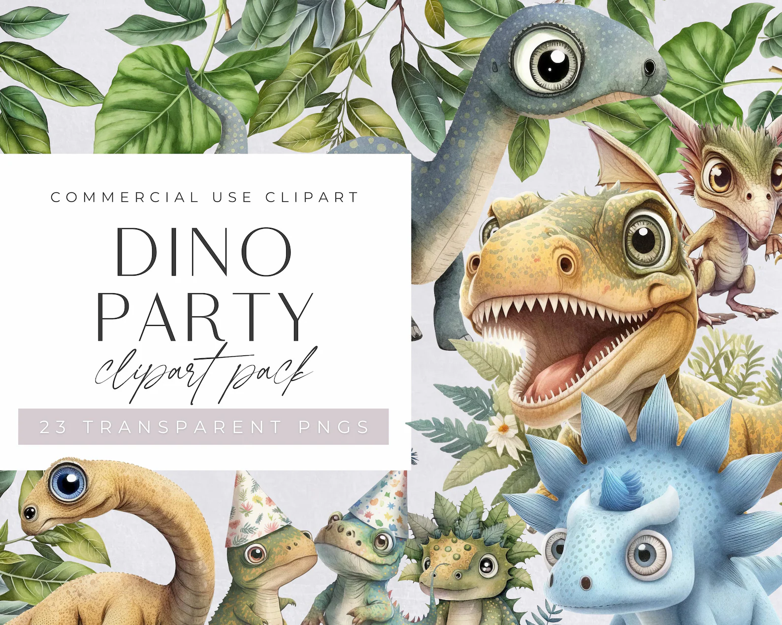 Watercolor Dinosaur Birthday Party Clipart Pack, Clipart for commercial use, Transparent PNGs, Nursery, Kids Wall Art, T-Rex, Baby Dinosaurs.jpg Arquivo Kit Digital Botas de Cawboy com Flores - Imagem 1