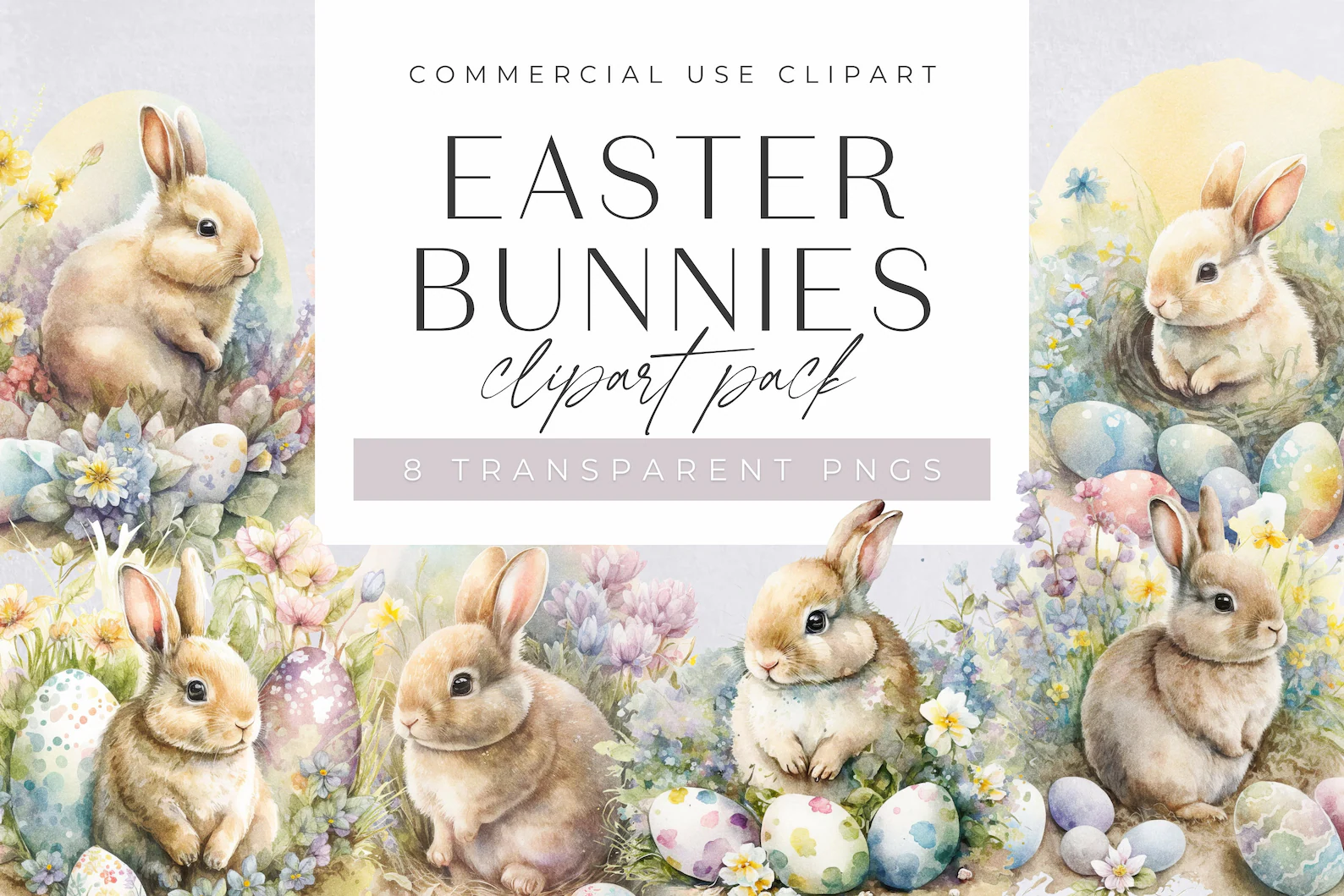 Watercolor Easter Bunny Clipart Pack, Clipart for commercial use, Transparent PNGs, Bunnies With Flowers Clipart, Egg.jpg Arquivo Kit Digital Cestas com Ovos da Páscoa - Imagem 1
