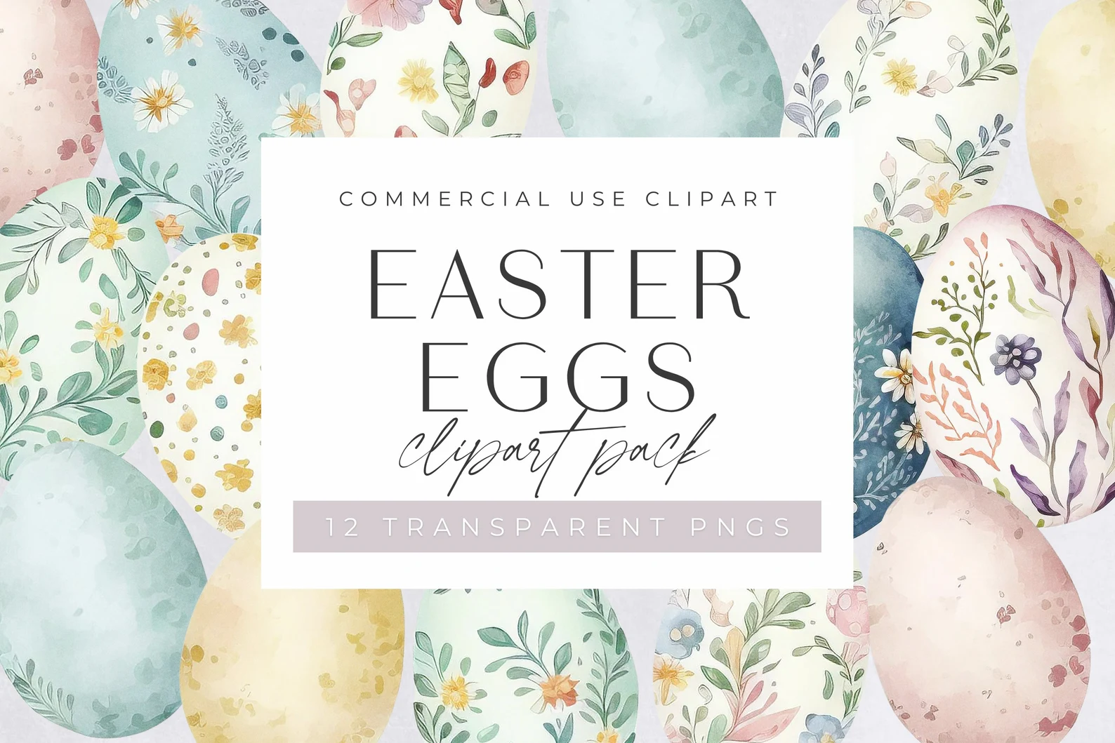Watercolor Easter Eggs Clipart, Clipart for commercial use, Transparent PNGs, Easter Bunny Basket, Colorful Rainbow Easter Eggs Floral.jpg Kit Digital Ovos de Páscoa Aquarela - Imagem 1