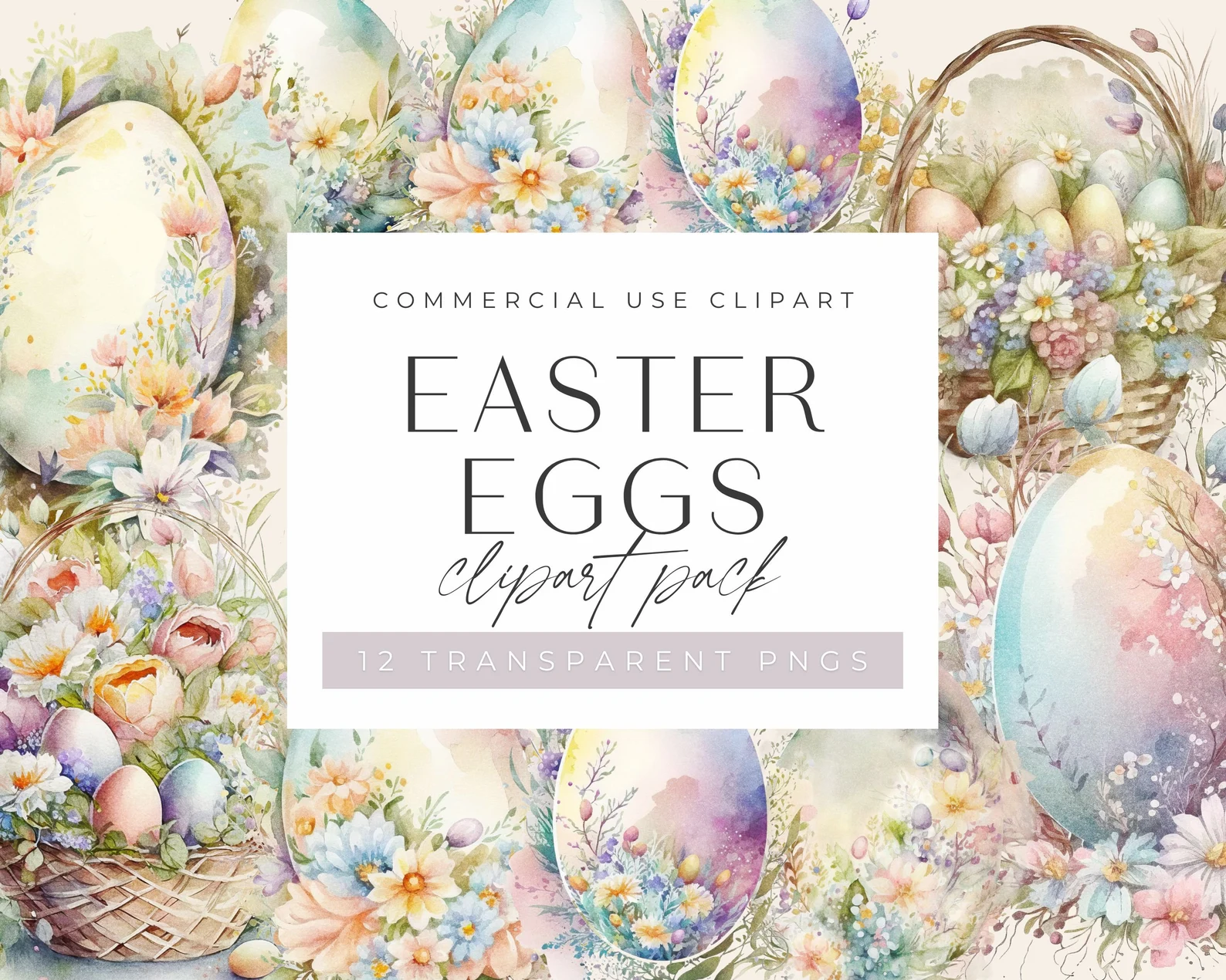 Watercolor Easter Eggs Clipart, Clipart for commercial use, Transparent PNGs, Easter Bunny Basket, Colorful Rainbow Easter.jpg Kit Digital Ovos de Pascoa Florido - Imagem 1
