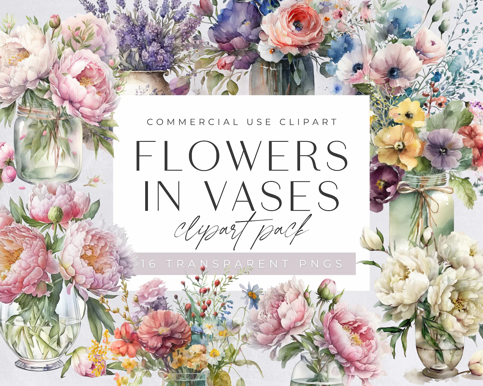 Watercolor Flowers in Vases Clipart Pack, Clipart for commercial use, Transparent PNGs, Wildflowers, Mothers Day, Peonies, Lavender, Wedding Kit Digital Arranjo de Flores - Imagem 1
