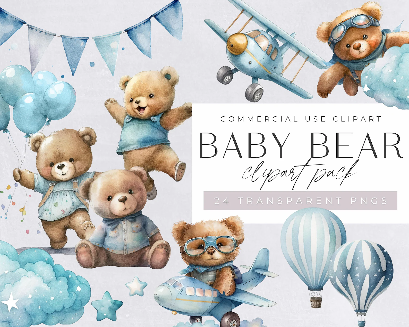 Watercolor Teddy Bear Clip Art Clipart Pack, Baby Shower for a boy, Clipart for commercial use, Transparent PNGs, Blue Aeroplane Balloons.jpg Kit Digital Ursinho Azul Chá de Bebê - Imagem 1