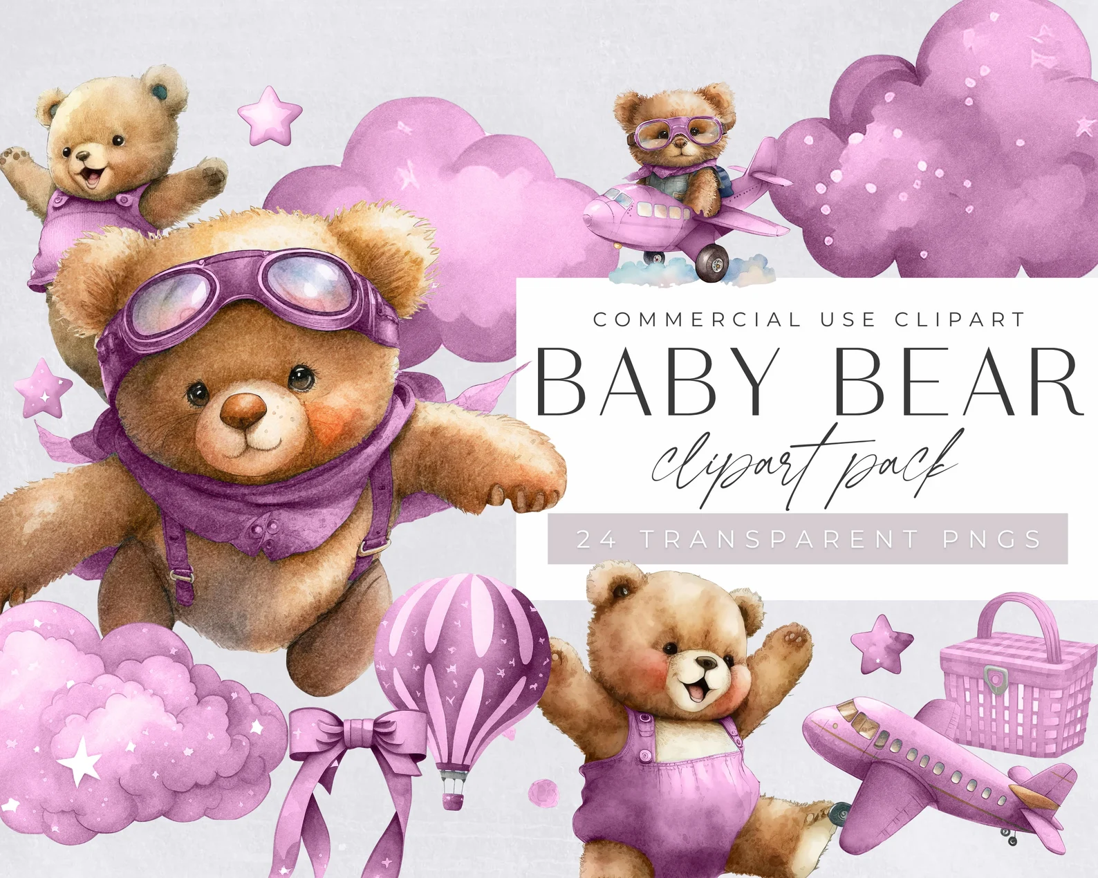 Watercolor Teddy Bear Clip Art Clipart Pack, Baby Shower for a girl, Clipart for commercial use, Transparent PNGs, Pink Aeroplane Balloons.jpg Kit Digital Ursinha Aviador Rosa - Imagem 1