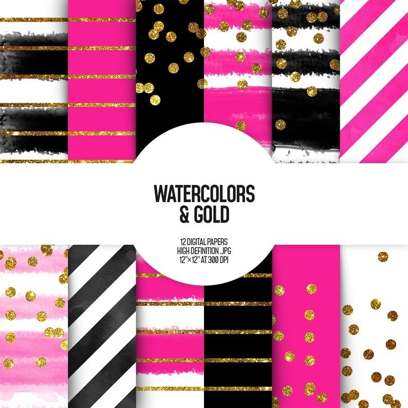 Watercolors _ Gold Kit Digital Papeis Ouro Aquarela - Imagem 1