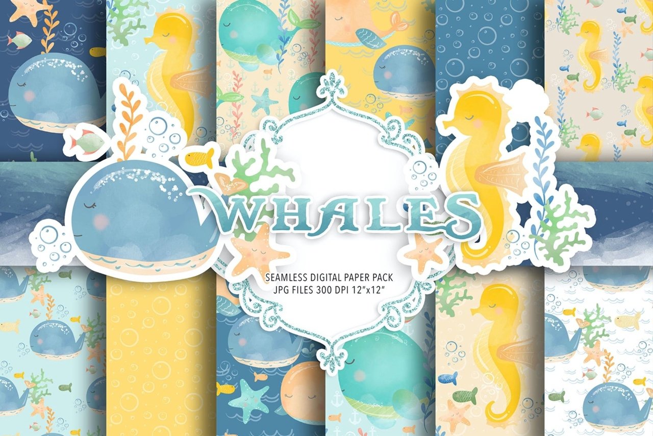 Whales_digital_paper_pack Kit Digital Papeis Baleias Fundo do Mar - Imagem 1
