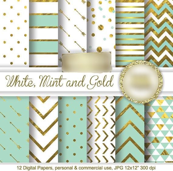 White Mint Gold Kit Digital Papeis Ouro Menta Branca - Imagem 1