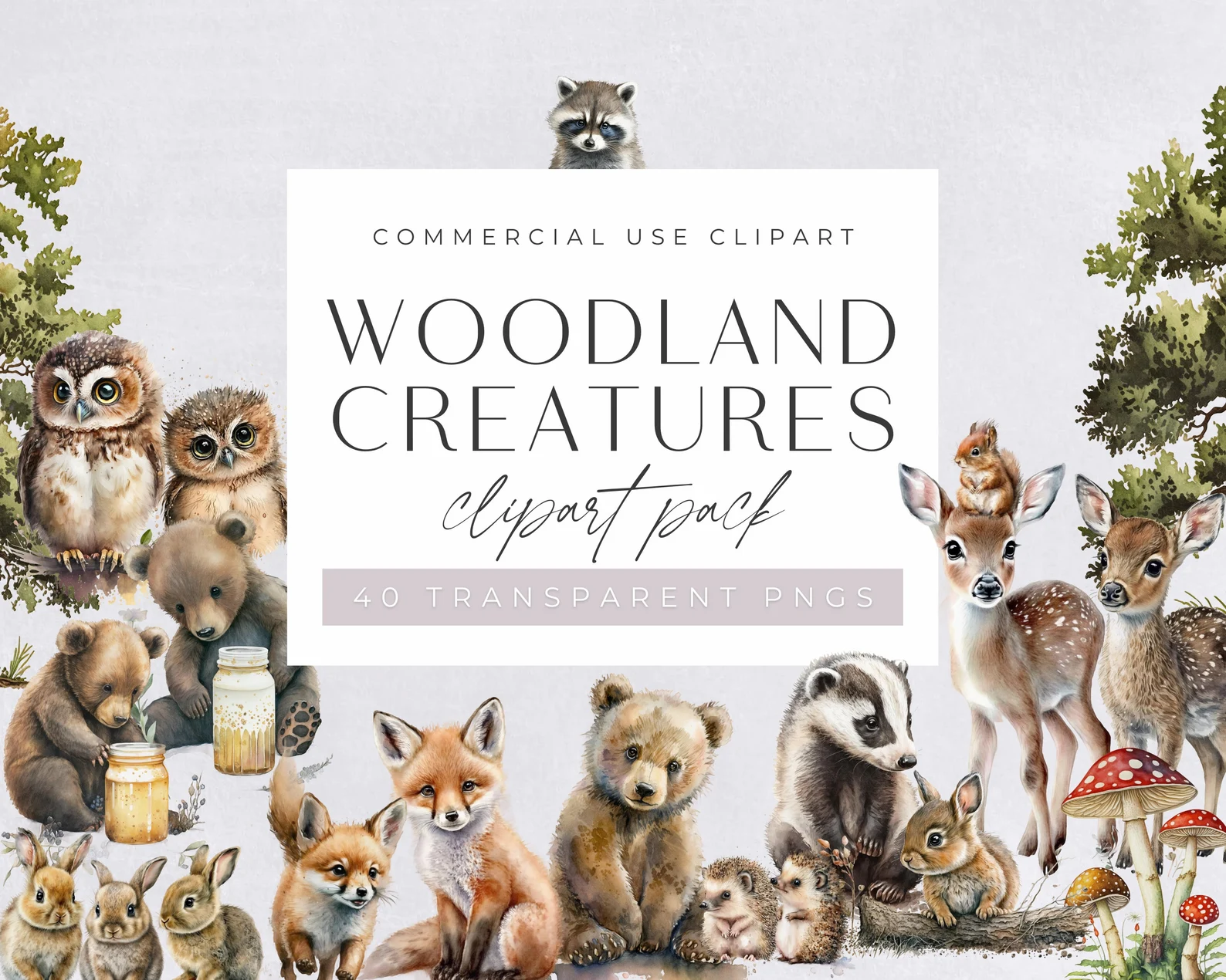 Woodland Animals Clipart Watercolor, Clipart for commercial use, Transparent PNGs, Nursery Clipart, Fox, Bear, Deer, Hedgehog.jpg Kit Digital Animais da Floresta - Imagem 1