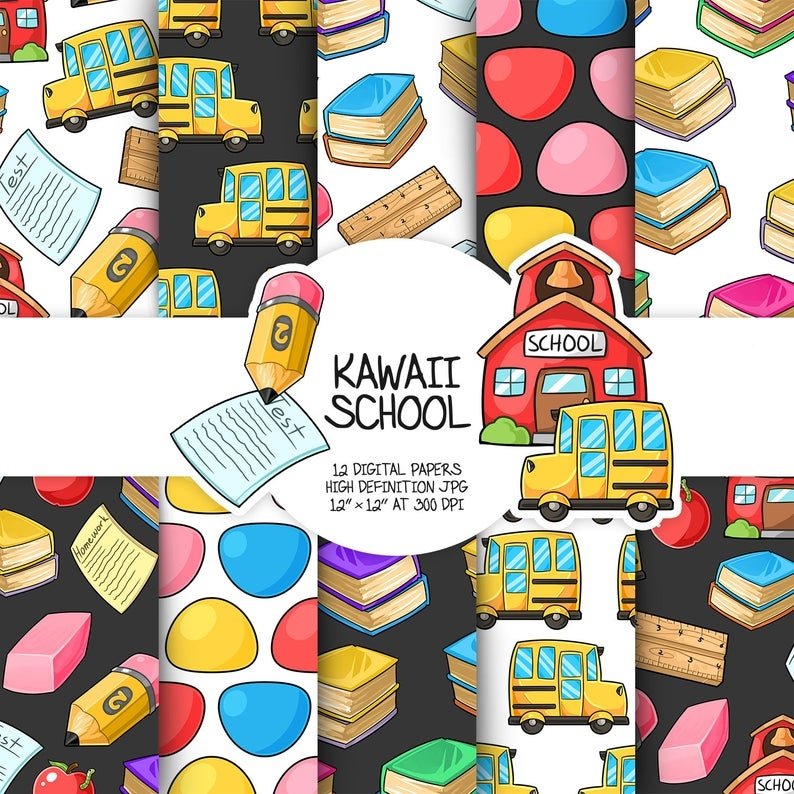 kawaii school Kit Digital Papeis Escola - Imagem 1