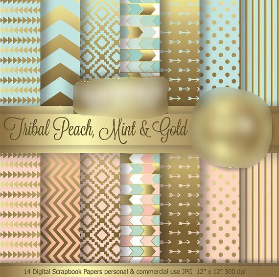 peach mint e gold Kit Digital Papeis Pêssego Menta Ouro - Imagem 1
