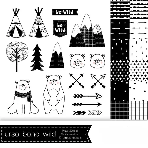 urso boho wild cliparts Kit Digital Urso Boho Wid - Imagem 1