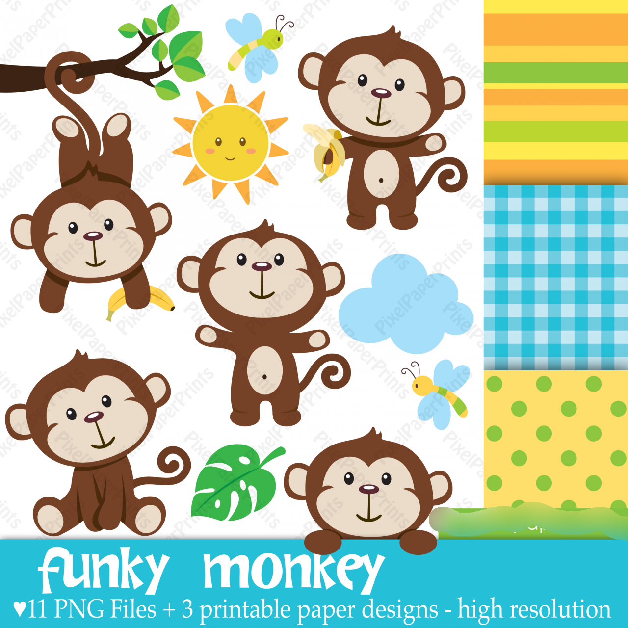 08 Funky Monkey Kit Digital Papeis Macaquinhos - Imagem 1