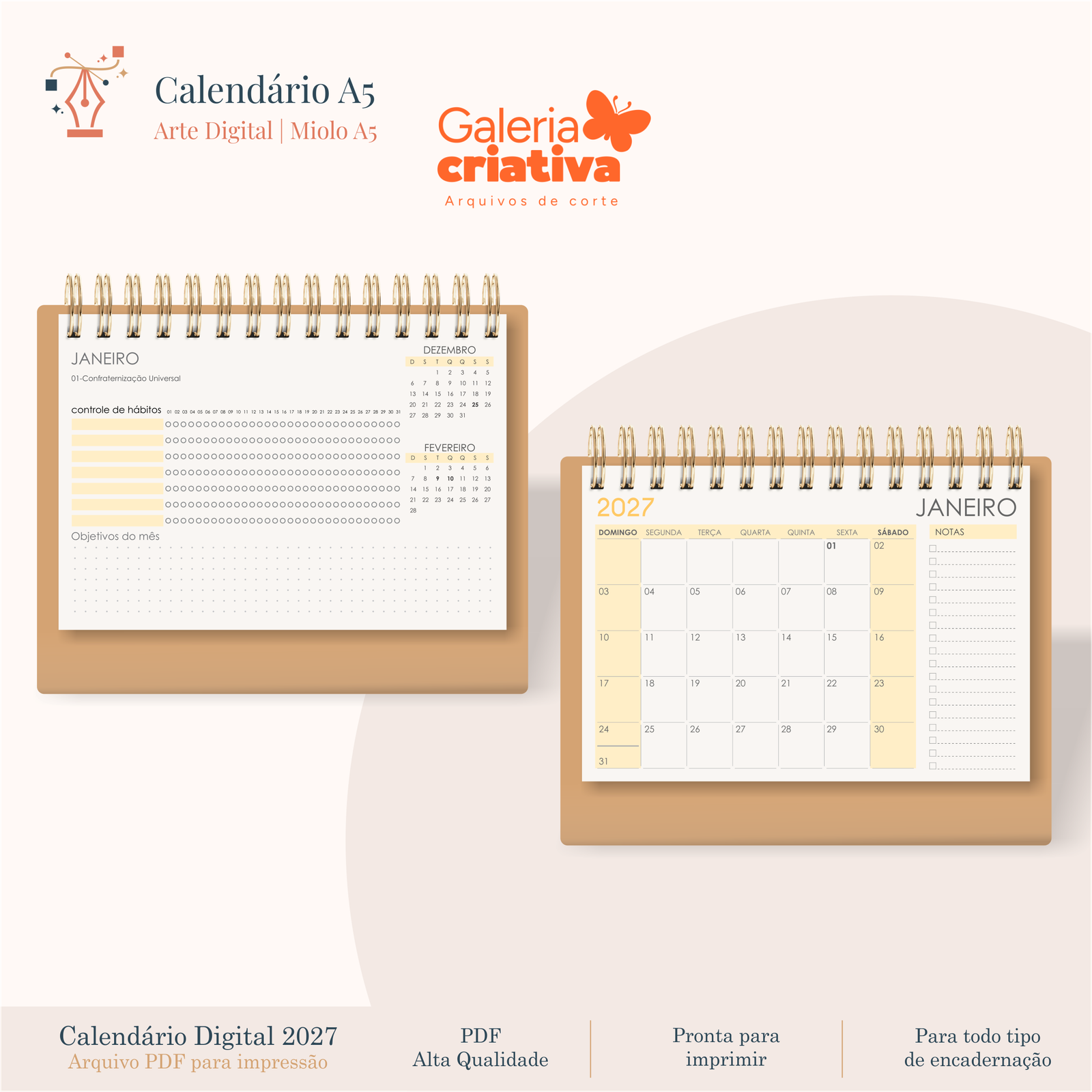 10-CALENDÁRIO A5 Arquivo Calendário A5 2027 - Imagem 1