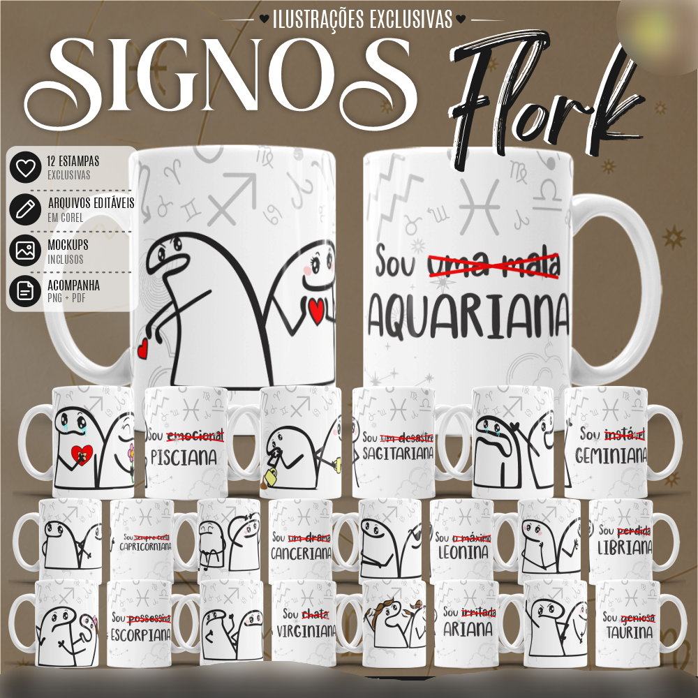 10-PACK CANECAS FLORK SIGNO CUTE Arquivo Pack Canecas Flork Signo Cute - Imagem 1