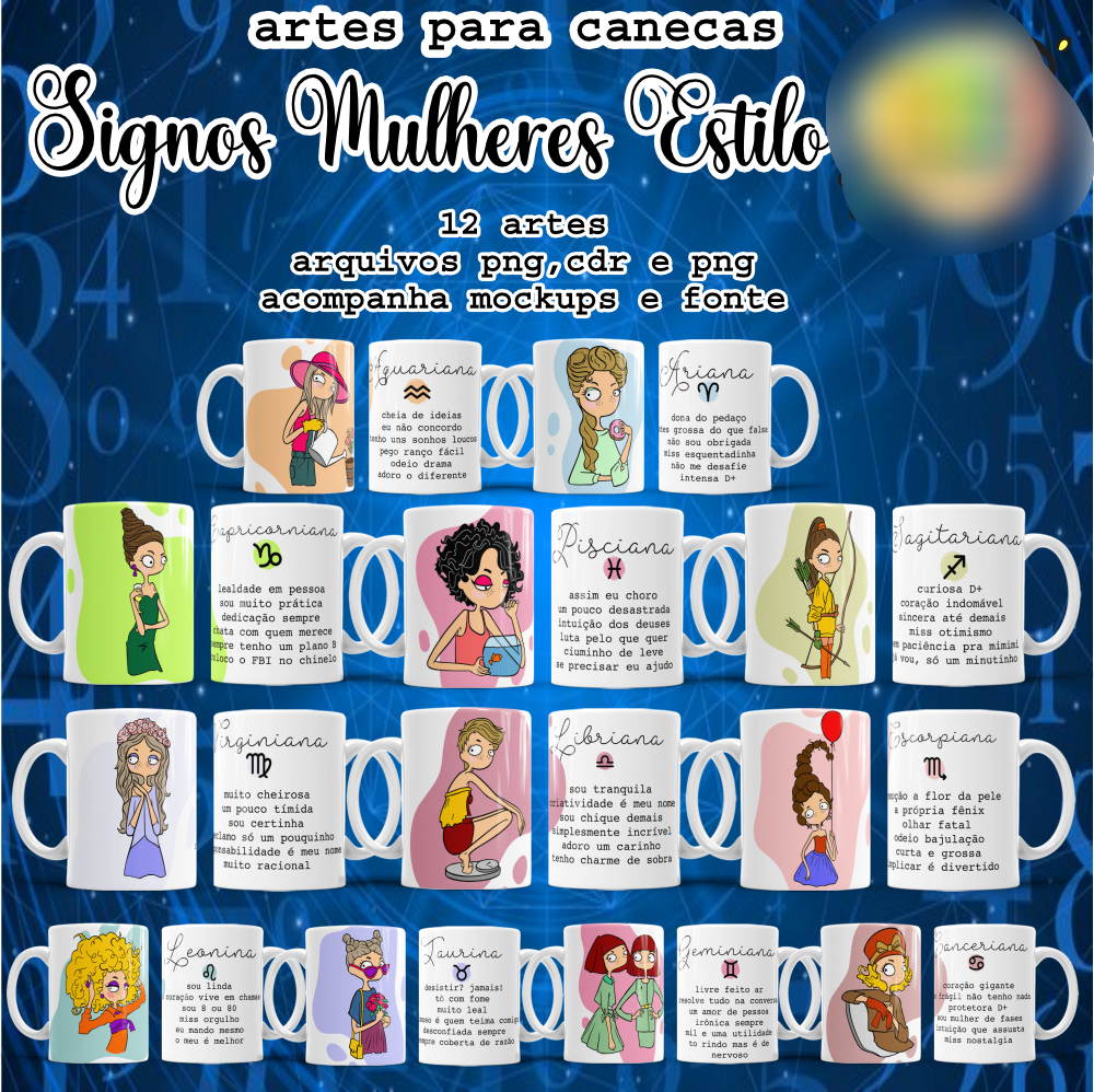 12-PACK CANECAS SIGNOS MULHERES Arquivo Pack Canecas Signo Mulheres - Imagem 1