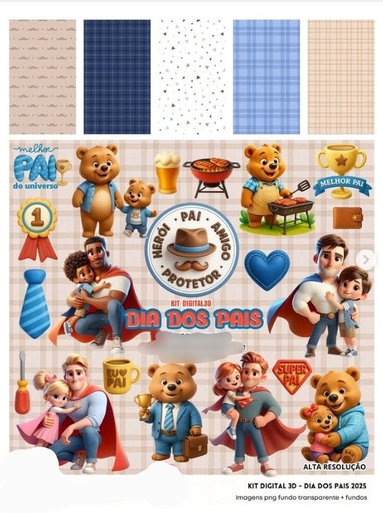 2025 - FANDDY - DIA DOS PAIS 3D 2025 Kit Digital Papeis Dia dos Pais Ursinho - Imagem 1