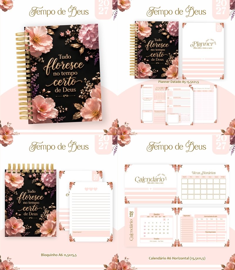 62) TEMPO DE DEUS FLORAL ROSA E PRETO Arquivo Combo Encadernação Tempo de Deus Floral Rosa e Preto 2027 - Imagem 1