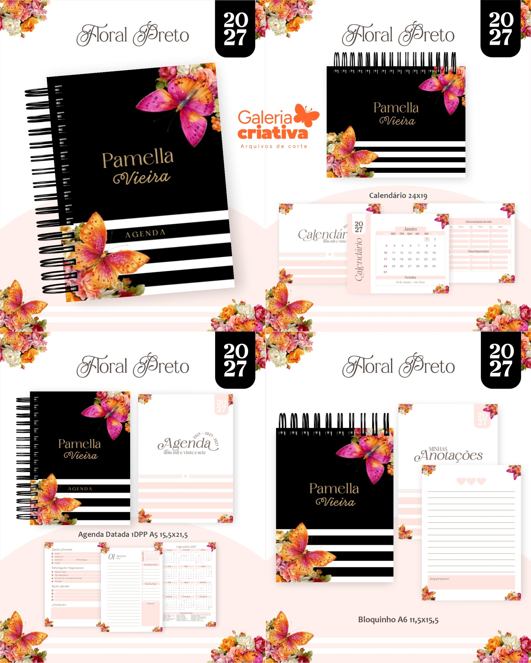 8) FLORAL PRETO Arquivo Combo Encadernação 2027 Floral Preto - Imagem 1