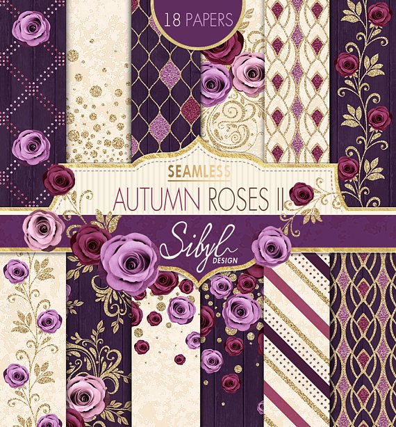Autumn Rose Paper II Kit Digital Papéis Rosas Roxas e Vinho - Imagem 1