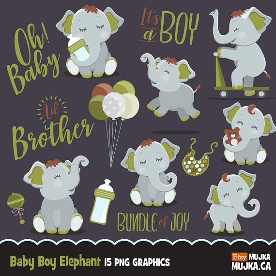 Baby Boy Green Elephant MUJKA Arquivo Kit Digital Elefantobhos Baby - Imagem 1