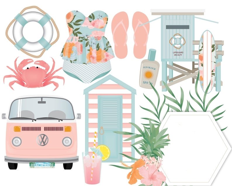 Beach Babe Clipart Set Kit Digital Viajem Tropical - Imagem 1